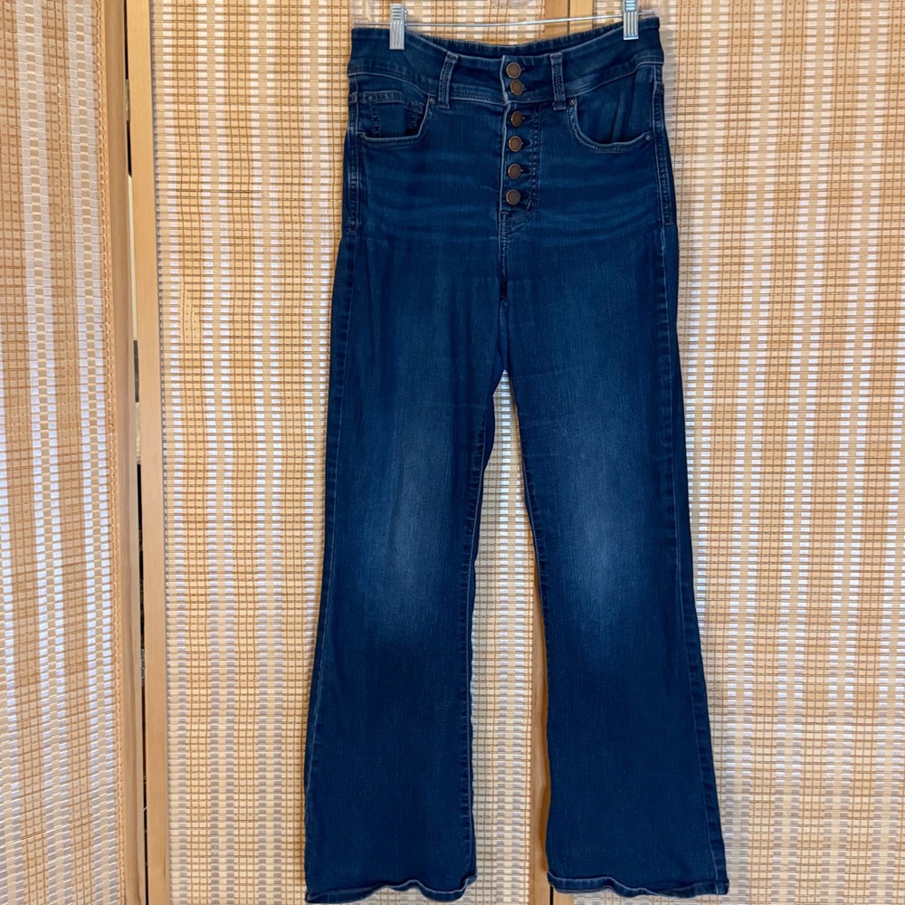 Everflex High Rise Button Fly Flare Jeans Dark Wash Blue Women Size 8S Western
